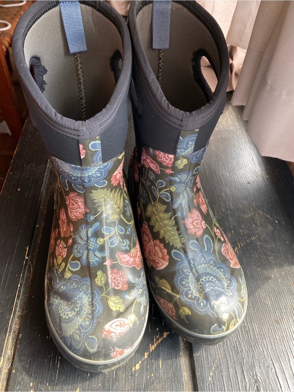 Bogs Women's Black Floral Rain Boots with Pink & Blue Accents